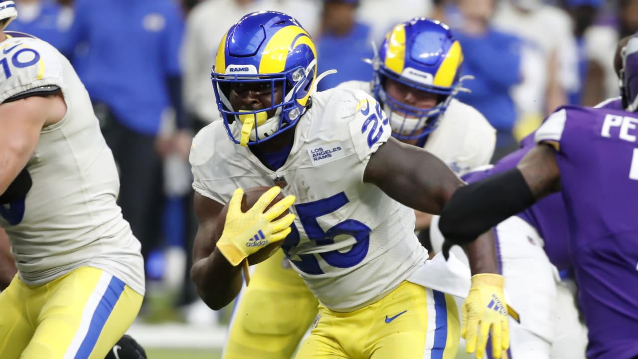 In this image taken video, Los Angeles Rams running back Sony Michel speaks  with reporters at the NFL football team's training complex in Thousand  Oaks, Calif., Thursday, Aug. 26, 2021. Michel watched