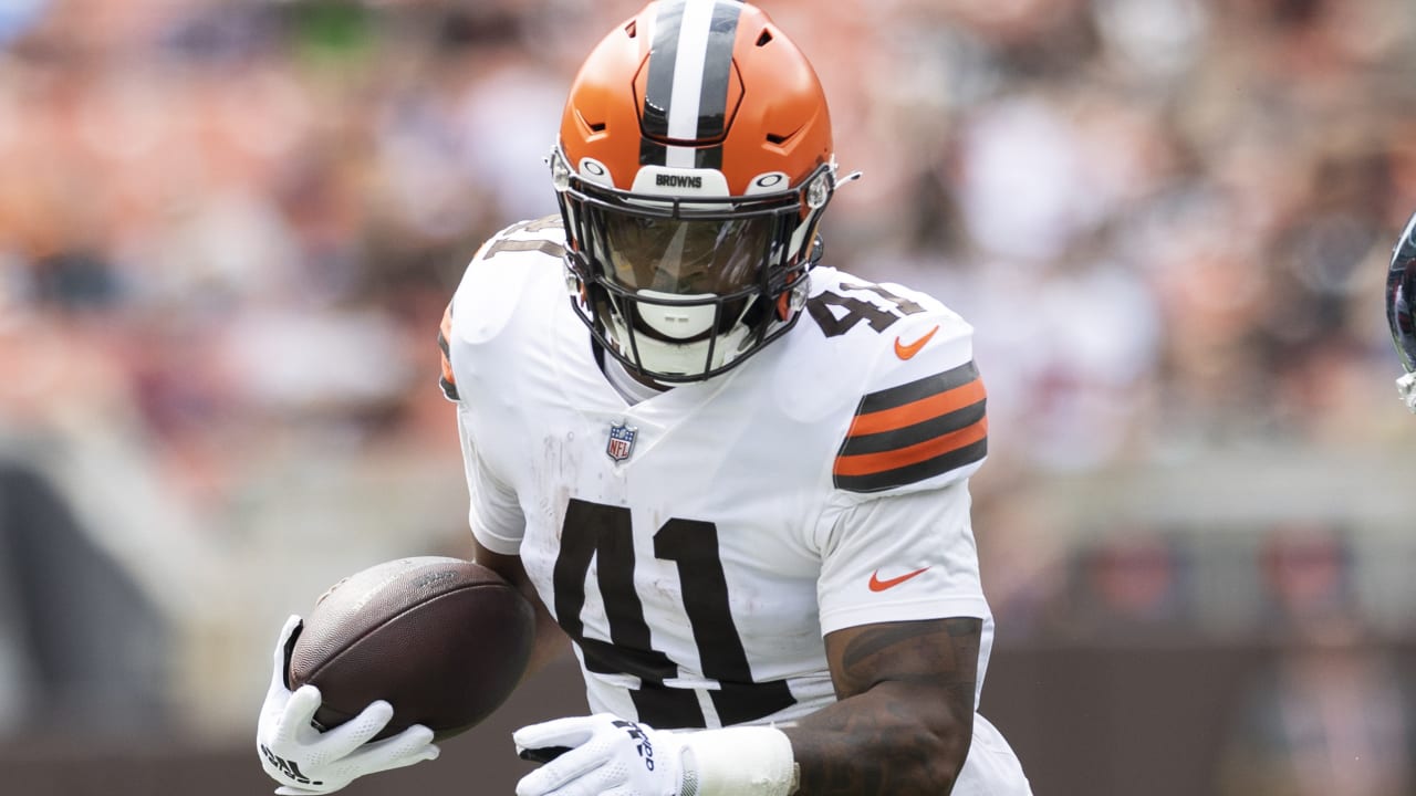 Cleveland Browns running back John Kelly Jr. (41) runs with the ball during  an NFL preseason football game against the Chicago Bears, Saturday Aug. 27,  2022, in Cleveland. (AP Photo/Kirk Irwin Stock