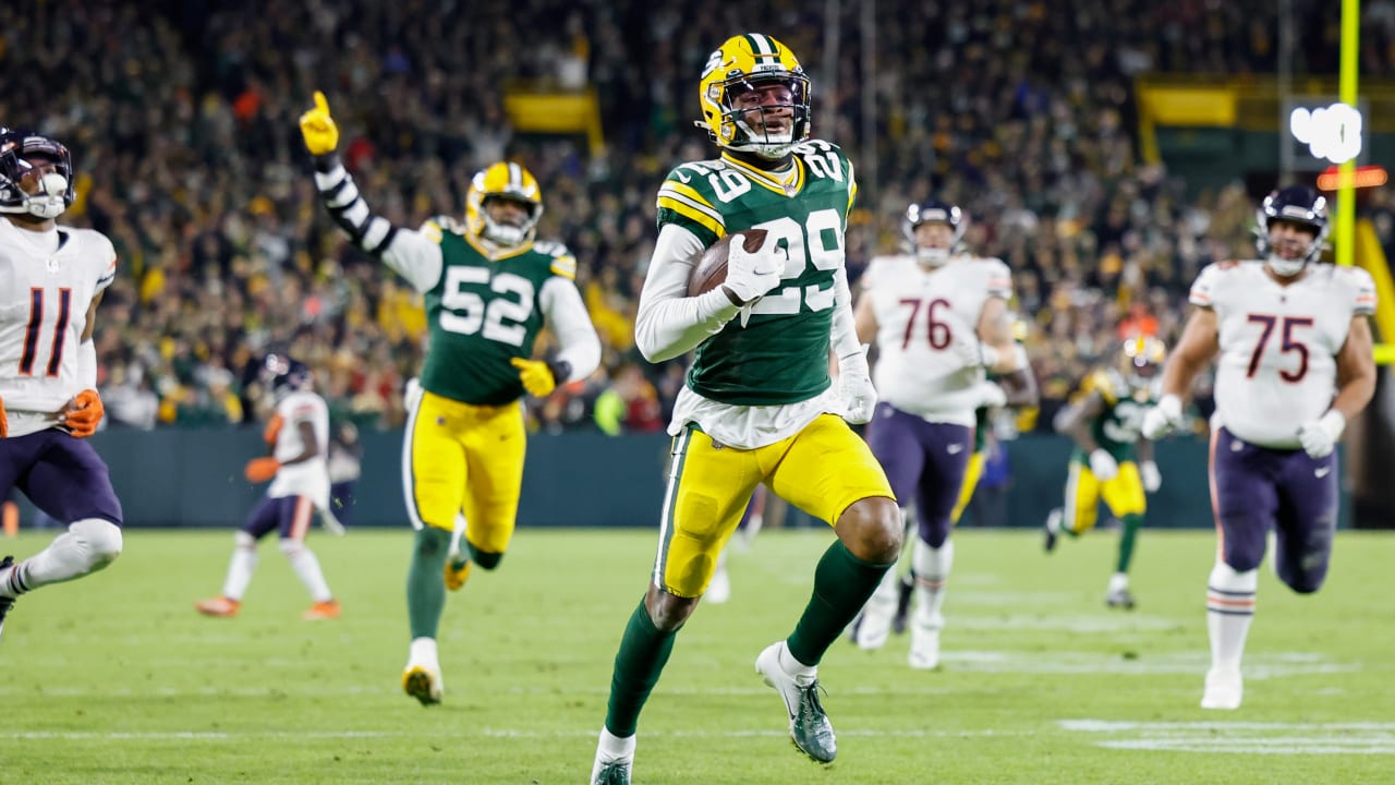 Green Bay Packers defensive back Rasul Douglas picks off Buffalo Bills  quarterback Josh Allen's throw over the middle for a key interception for  the Packers' defense