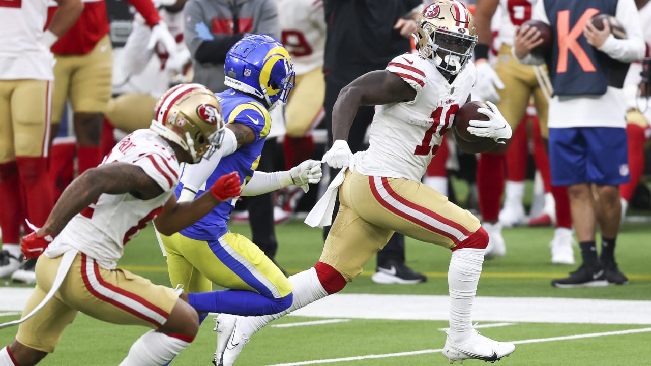 San Francisco 49ers wide receiver Deebo Samuel turns the Los Angeles