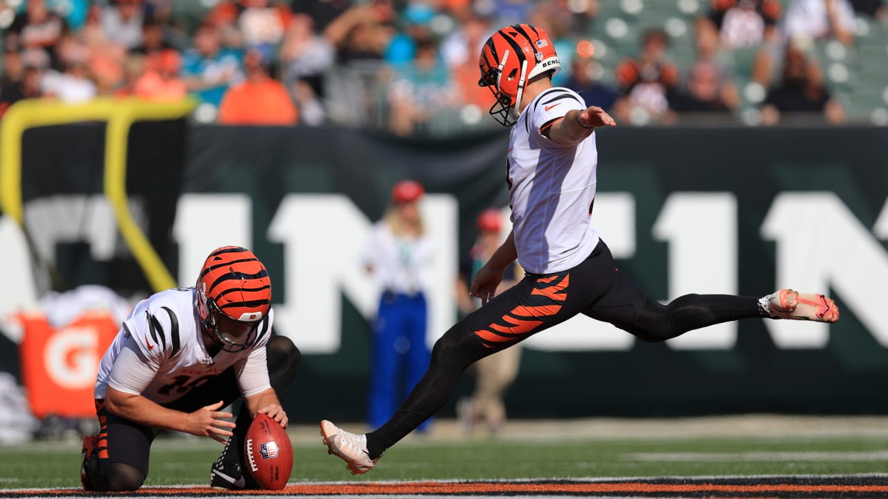 Cincinnati Bengals kicker Evan McPherson watches as his field goal