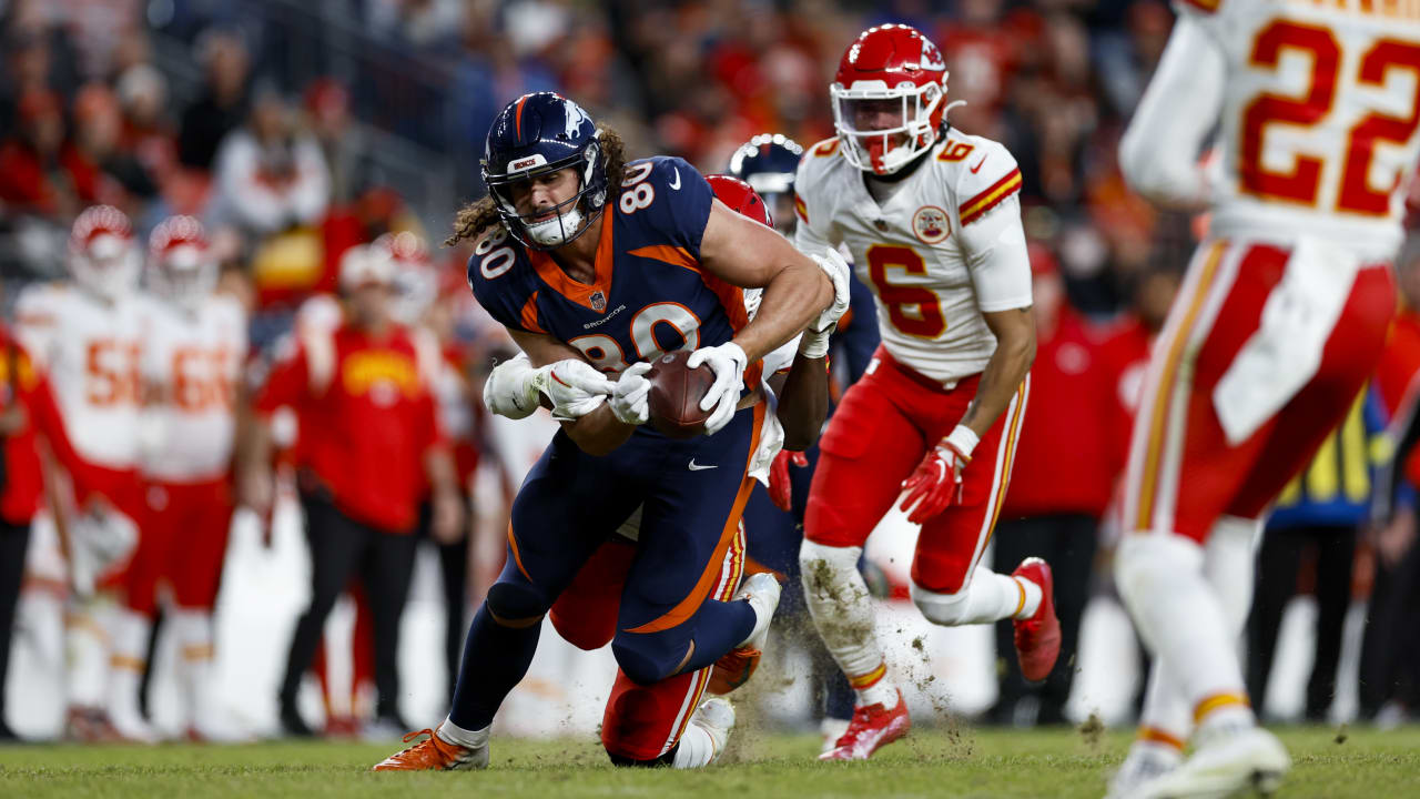 Denver Broncos tight end Greg Dulcich (80) makes a catch during the second  half of an NFL football game against the Denver Broncos Sunday, Dec. 11,  2022, in Denver. (AP Photo/David Zalubowski