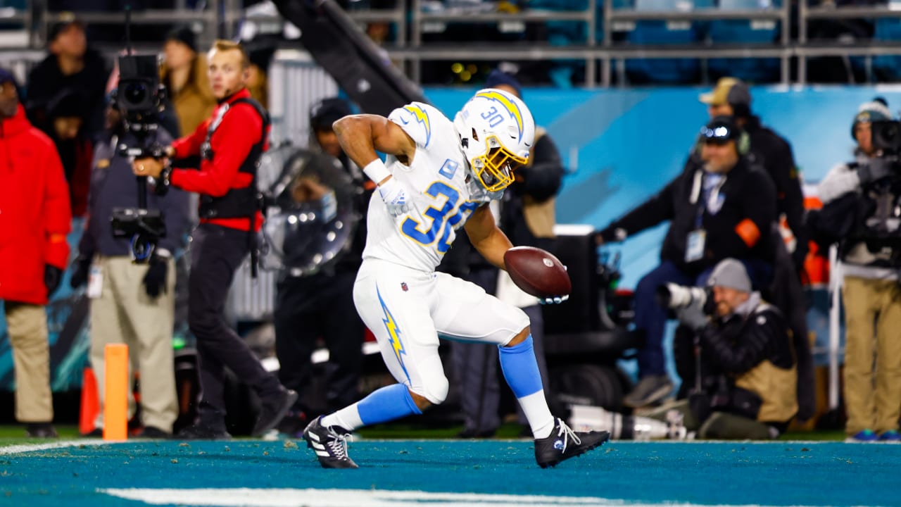 October 2, 2022: Los Angeles Chargers running back Austin Ekeler (30) runs  for a touchdown after making a catch during the 4th quarter of an NFL  football game between the Los Angeles