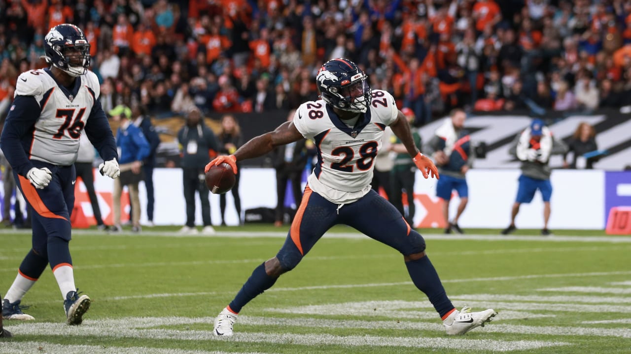 Denver Broncos running back Latavius Murray (28) walks on the sidelines  before the second half of an NFL football game against the Tennessee Titans  Sunday, Nov. 13, 2022, in Nashville, Tenn. (AP