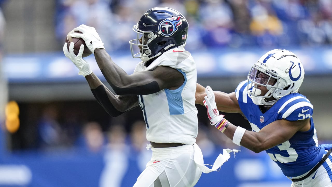 October 31, 2021: Tennessee Titans wide receiver A.J. BrownÂ (11) catches  the ball as Indianapolis Colts defensive back Kenny Moore (23) defends  during NFL football game action between the Tennessee Titans and