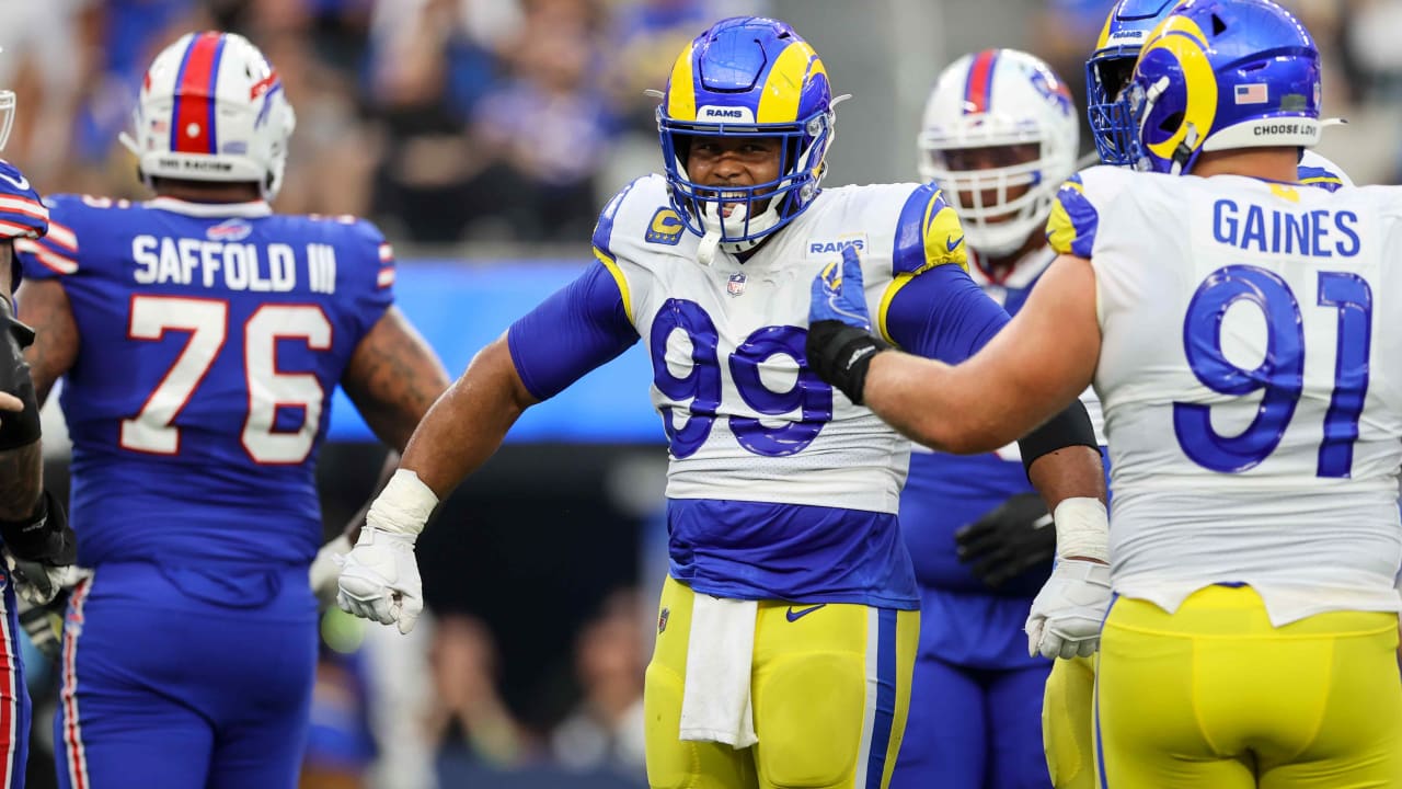 Los Angeles Rams defensive end Aaron Donald sledgehammers Buffalo Bills  quarterback Josh Allen into the ground for career sack number 99