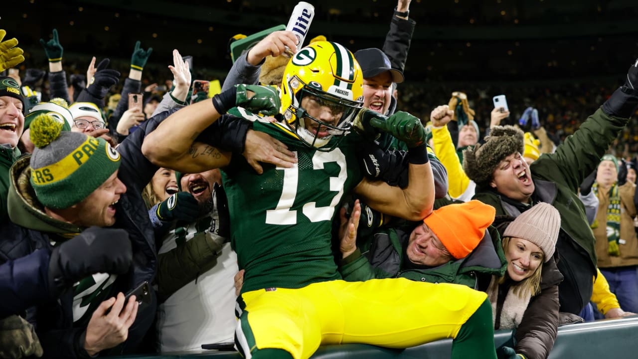 Green Bay Packers wide receiver Allen Lazard celebrates a fourth