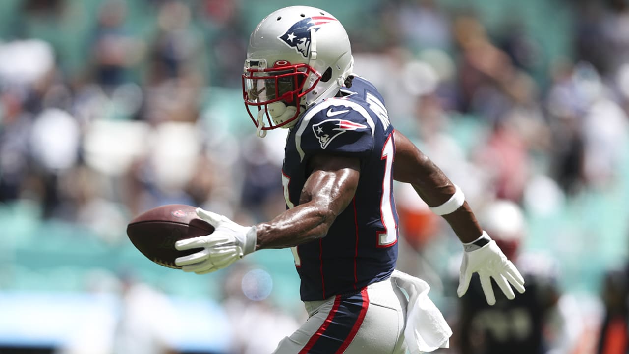 FILE - In this Sunday, Sept. 15, 2019, file photo, New England Patriots  wide receiver Antonio Brown (17) carries the ball during the first half at  an NFL football game against the