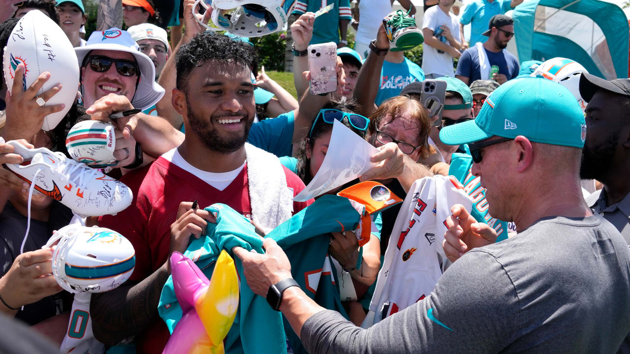 Miami Dolphins safety Brandon Jones (29) and cornerback Trill Williams (6)  arrive for a post game interview following practice at the NFL football  team's training facility, Wednesday, July 26, 2023, in Miami