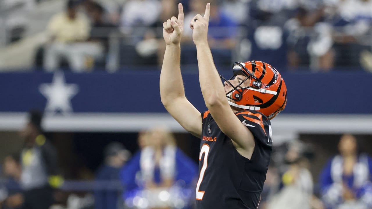 Cincinnati Bengals kicker Evan McPherson (2) runs off the field after an  NFL football game against the New York Jets, Sunday, Oct. 31, 2021, in East  Rutherford, N.J. (AP Photo/Adam Hunger Stock