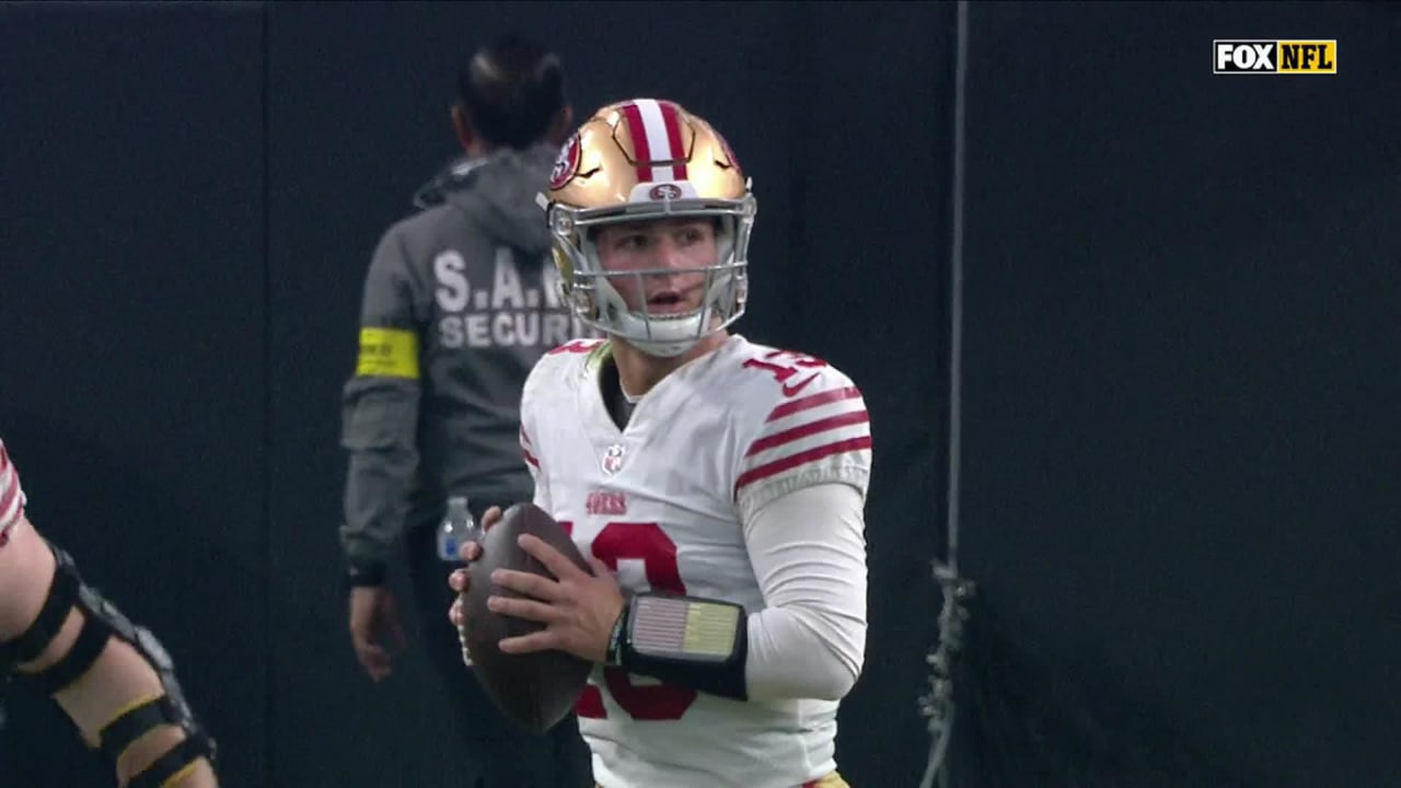 San Francisco 49ers quarterback Brock Purdy dots wide receiver Brandon  Aiyuk for 18 yards via play-action crossing route