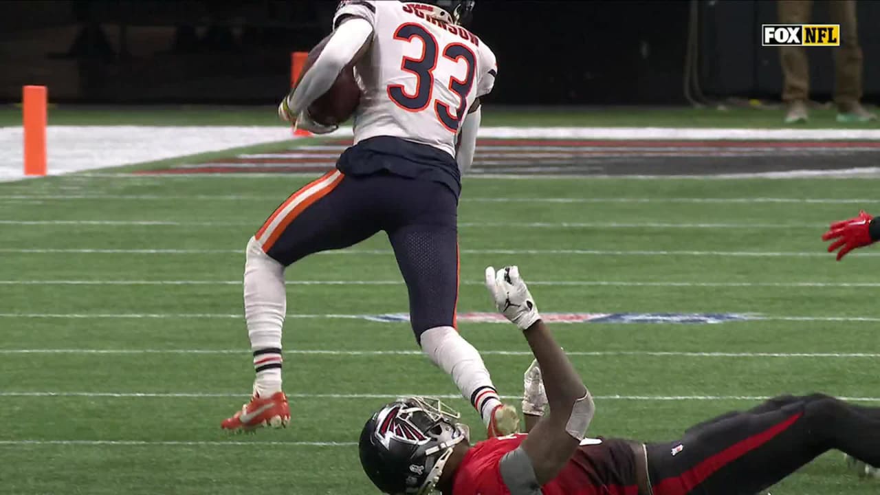 Chicago Bears cornerback Jaylon Johnson (33) celebrates a fumble recovery  against the Atlanta Falcons during the first half of an NFL football game,  Sunday, Nov. 20, 2022, in Atlanta. (AP Photo/Brynn Anderson