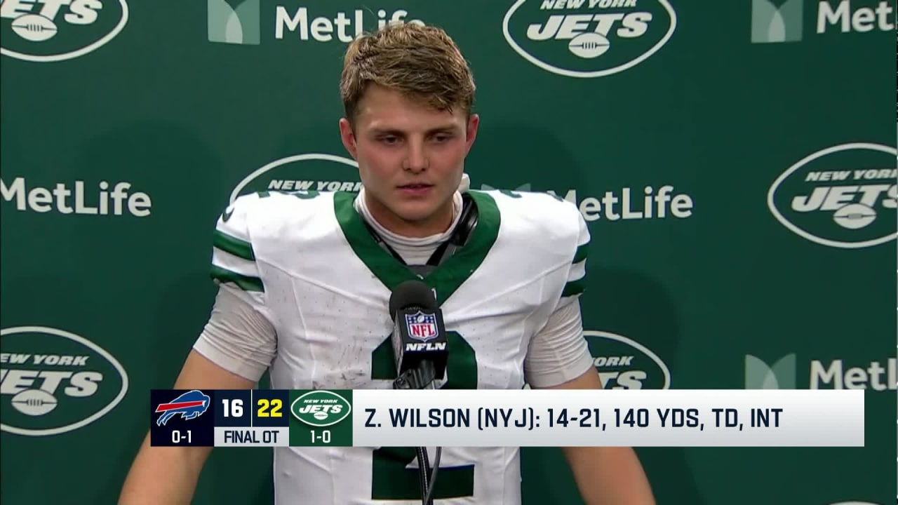New York Jets Zach Wilson reacts to relieving quarterback Aaron Rodgers