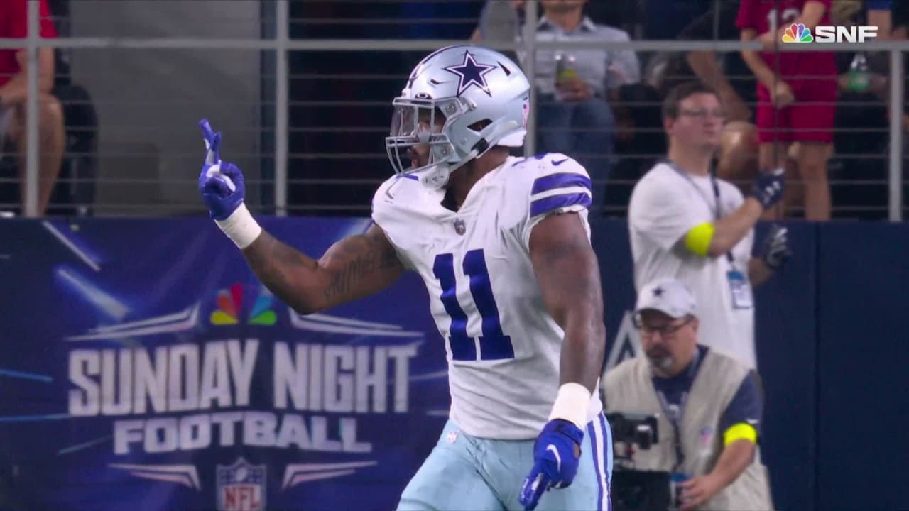 Dallas Cowboys outside linebacker Micah Parsons storms through two New York Giants offensive linemen for his first sack of the 2023 NFL regular season
