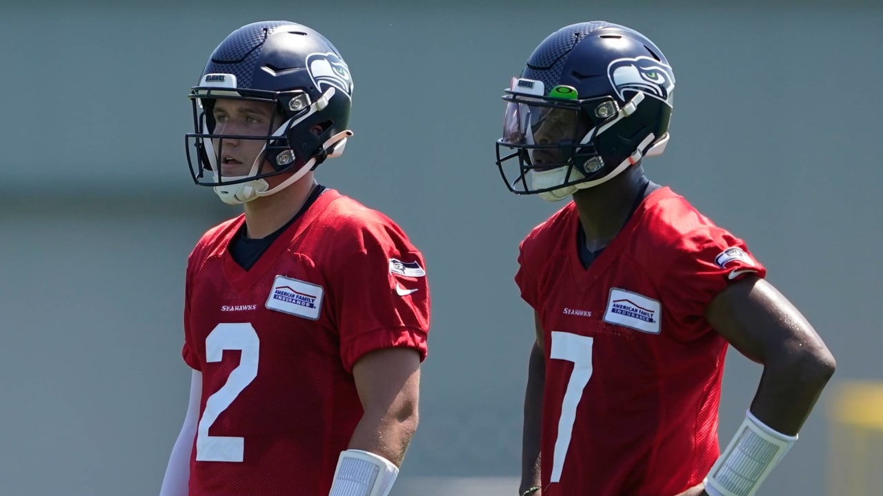 Seattle Seahawks quarterback Drew Lock (2) looks on before an NFL