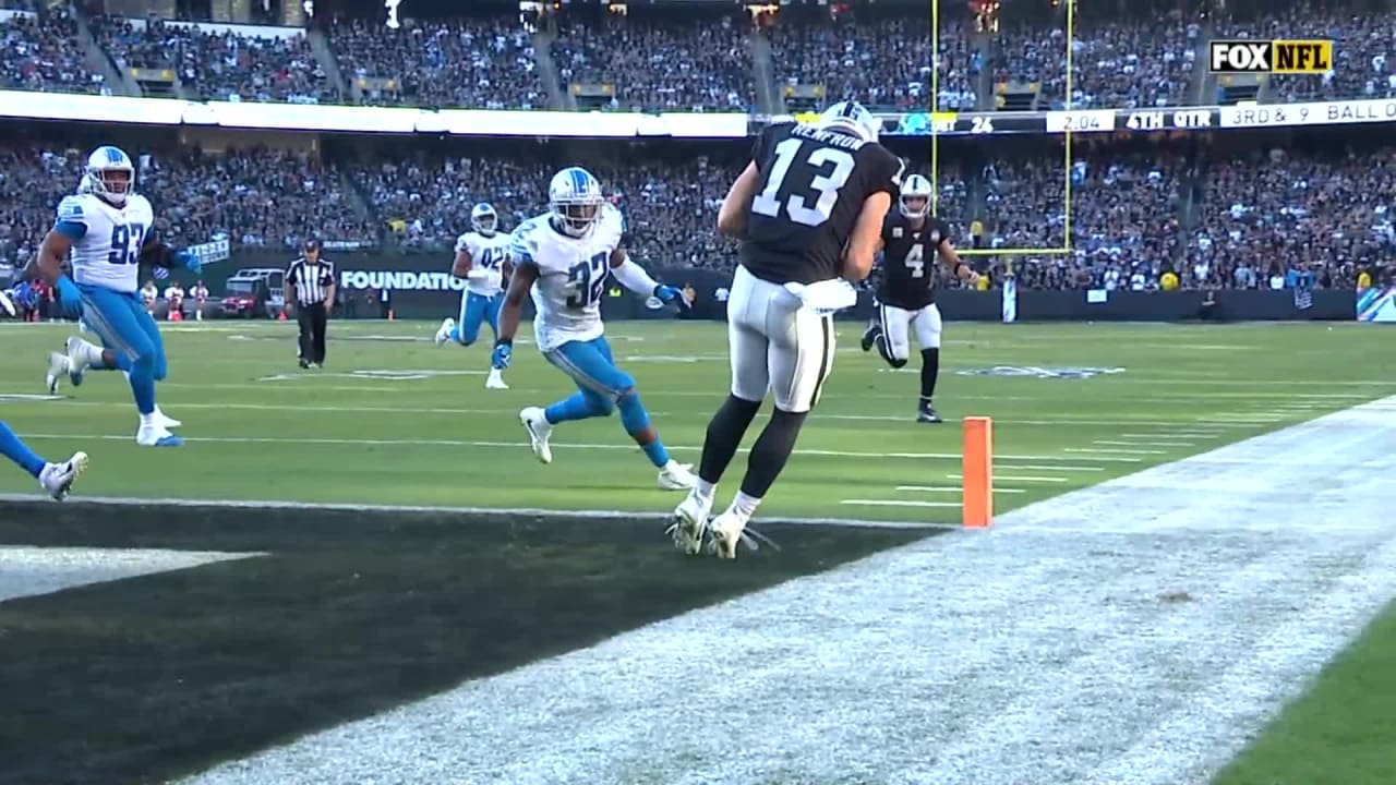 Las Vegas Raiders wide receiver Hunter Renfrow hauls in a pass in the end  zone for a touchdown …