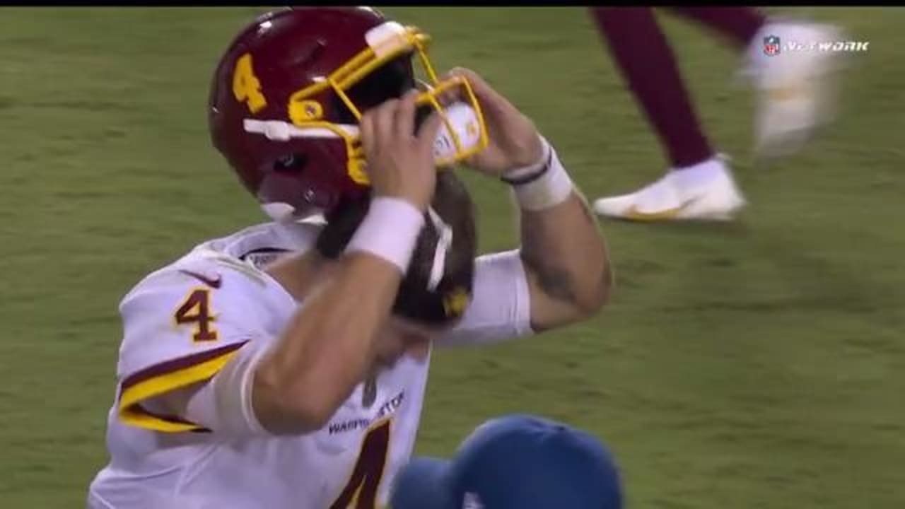 Washington Football Team quarterback Taylor Heinicke slams helmet