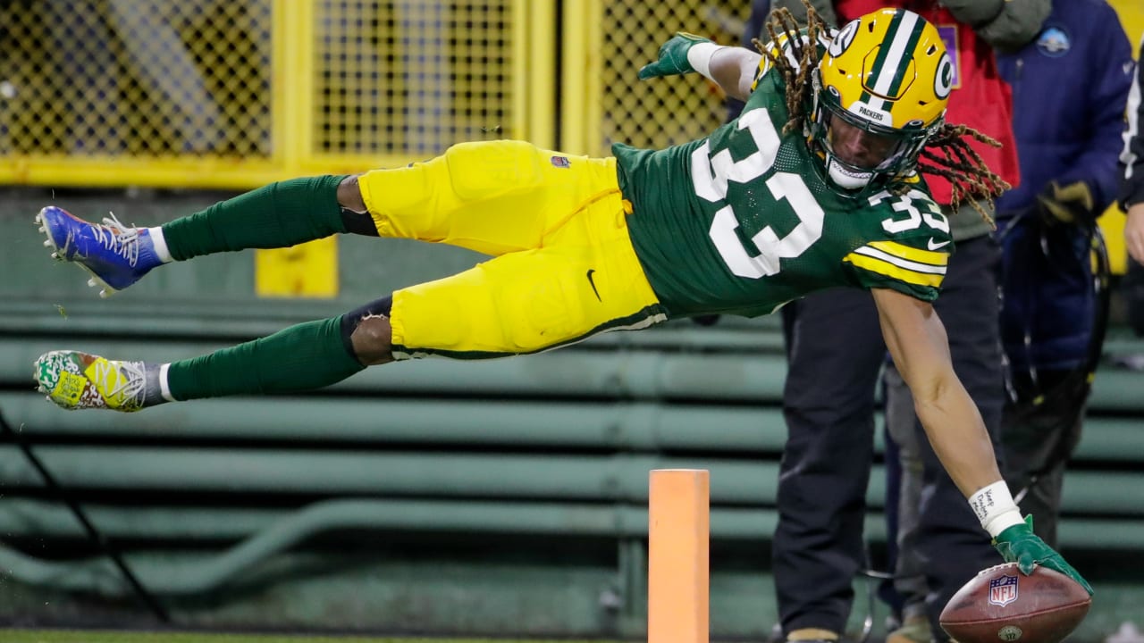 Green Bay Packers running back Aaron Jones scores his second touchdown ...