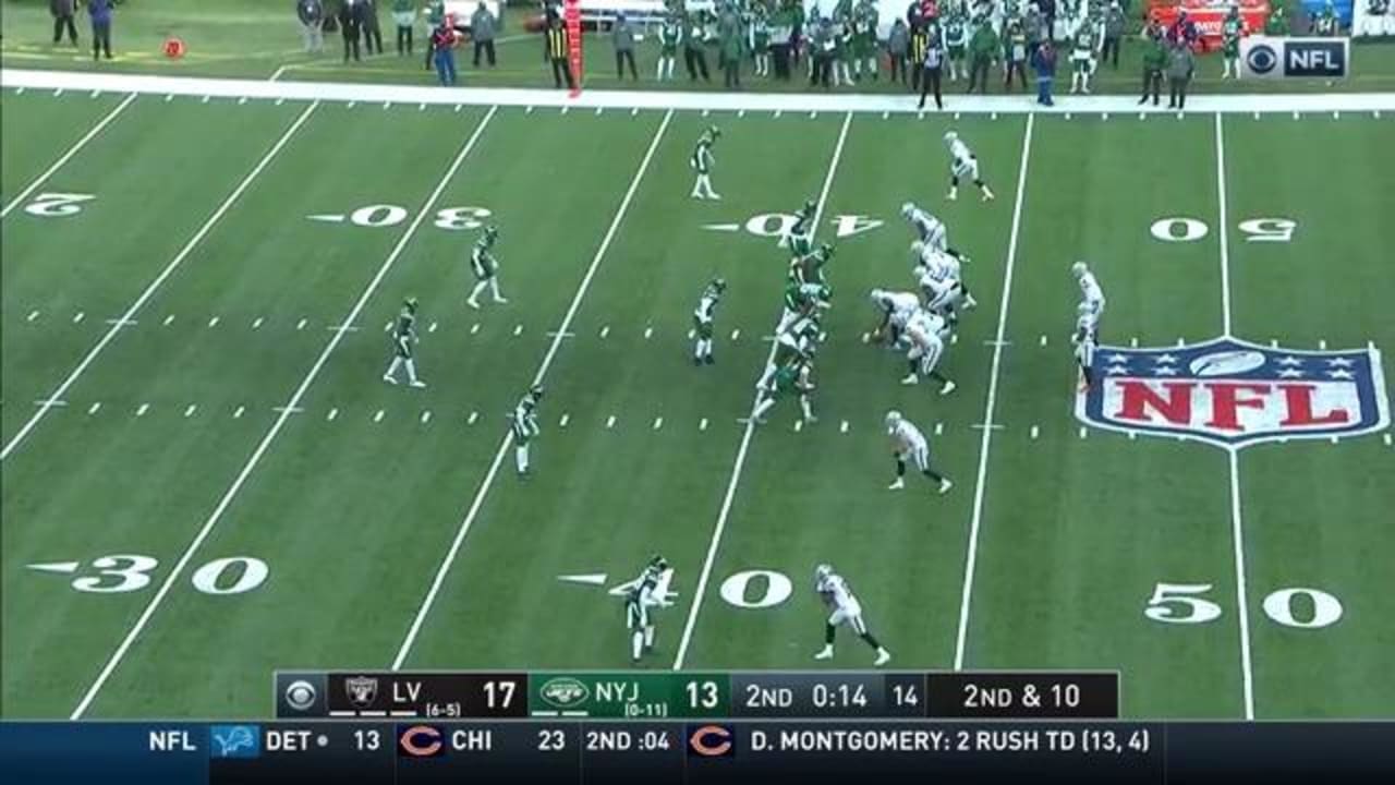 The New York Jets defense pushes the Las Vegas Raiders out of field