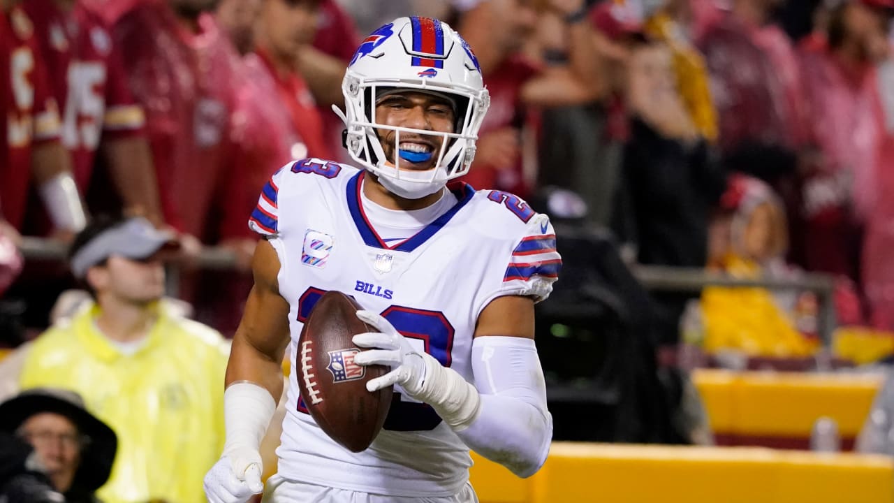 Buffalo Bills safety Micah Hyde celebrates after running an interception  back for a touchdown d …