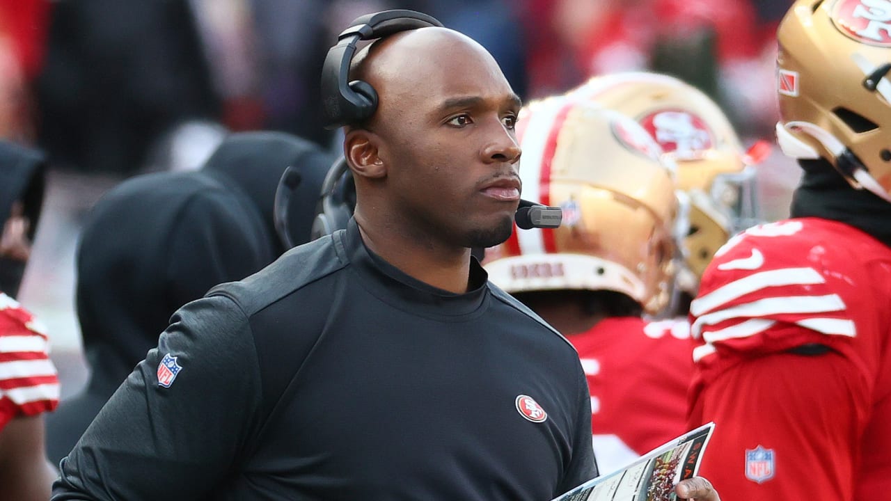 San Francisco 49ers defensive coordinator DeMeco Ryans looks up at a replay  during an NFL football game against the Minnesota Vikings, Sunday, Nov. 28,  2021, in Santa Clara, Calif. (AP Photo/Scot Tucker