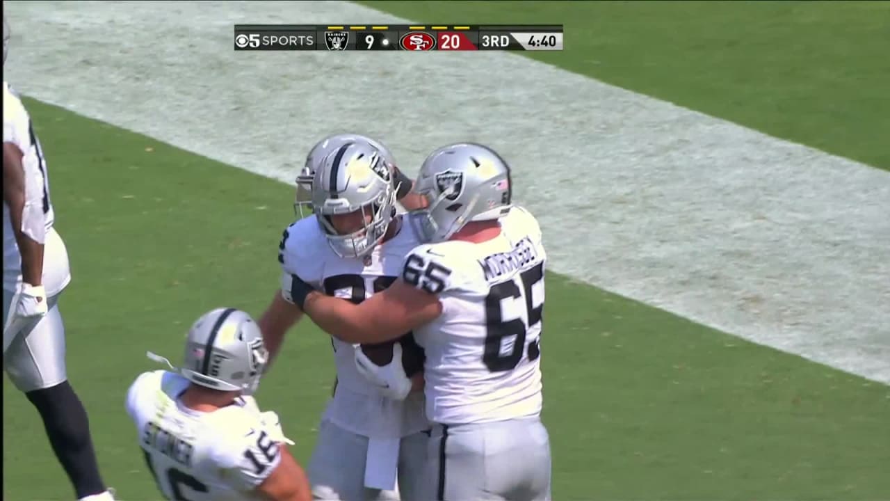 Las Vegas Raiders tight end Nick Bowers makes defender whiff on a 16-yard  touchdown catch and run