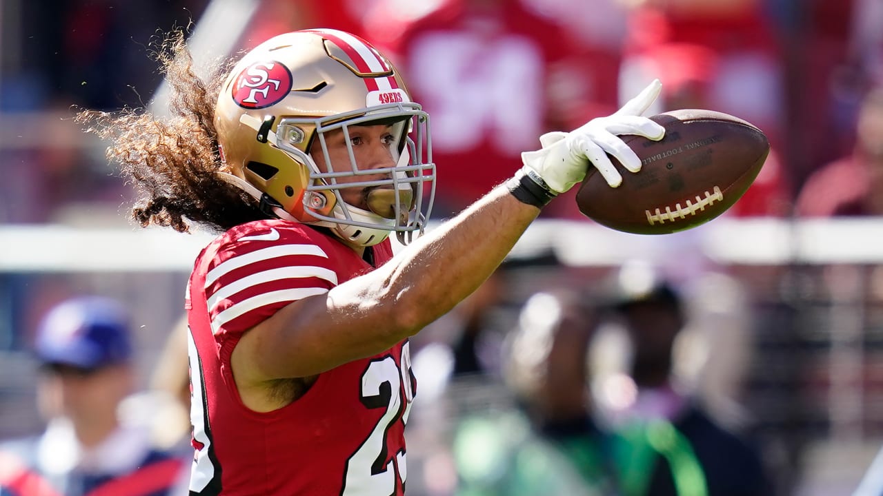 Talanoa Hufanga of the San Francisco 49ers and NFC looks on during