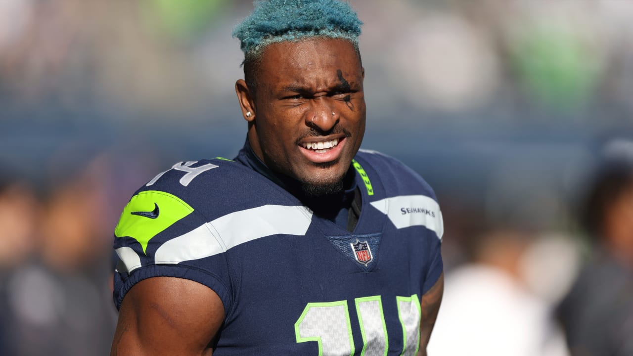 Wide receiver DK Metcalf of the Seattle Seahawks celebrates after