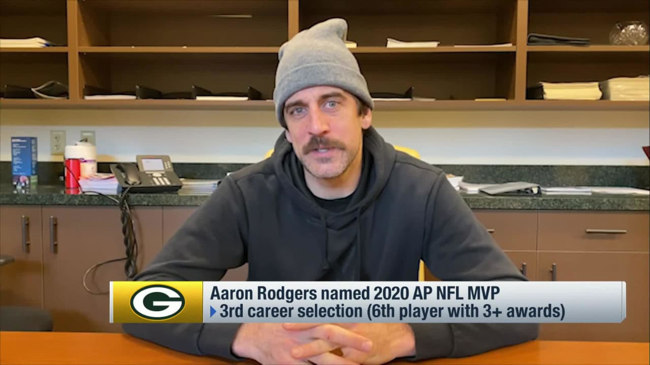 Green Bay Packers quarterback Aaron Rodgers reacts to winning the 2020 Associated Press NFL Most