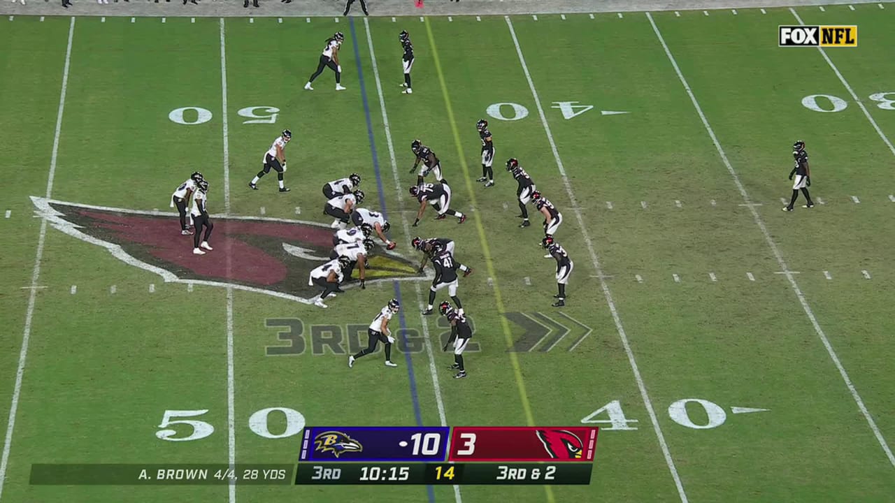 Arizona Cardinals linebacker Chandler Wooten fires through the gap for 4yard TFL on third down