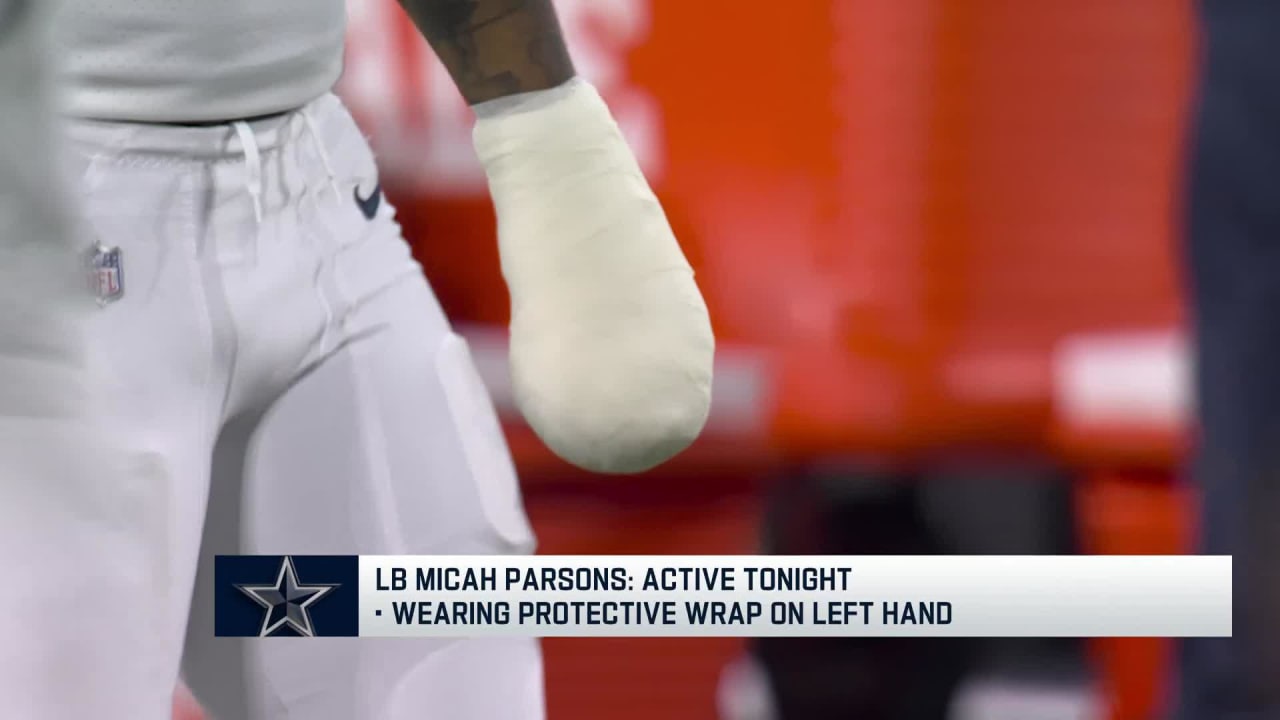First look: Dallas Cowboys linebacker Micah Parsons wearing a club on his  left hand for 'Thursday Night Football' vs. Tennessee Titans