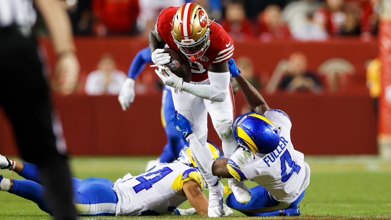 San Francisco 49ers wide receiver Deebo Samuel waits for the ball to be  snapped during the first half of an NFL football game against the New York  Giants on Thursday, Sept. 21