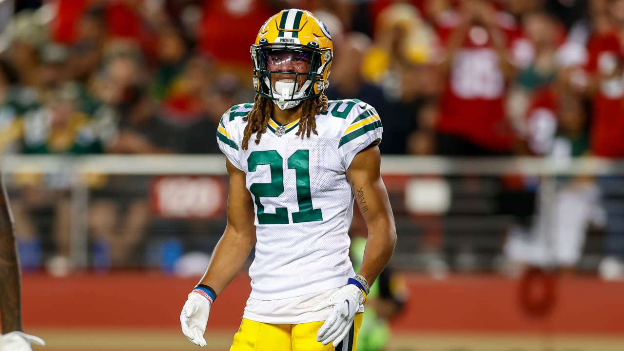 Green Bay Packers cornerback Eric Stokes (21) plays defense during