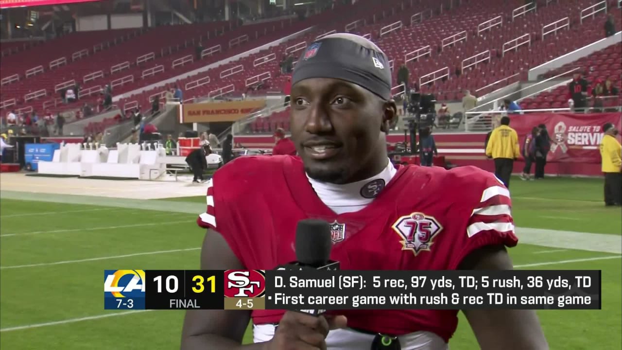 San Francisco 49ers wide receiver Deebo Samuel reacts to his