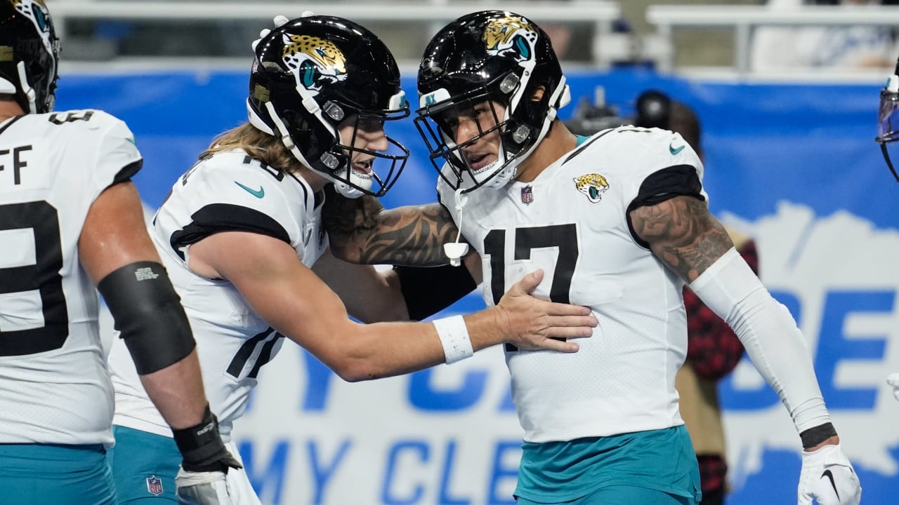 Jacksonville Jaguars wide receiver Evan Engram takes quarterback Trevor