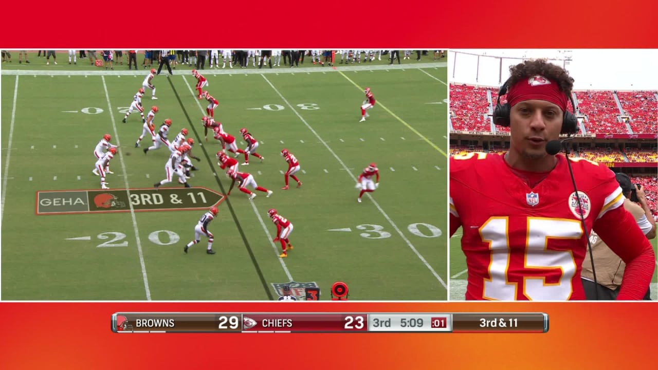 Kansas City Chiefs quarterback Patrick Mahomes reacts to cornerback  Dicaprio Bootle INT in real time