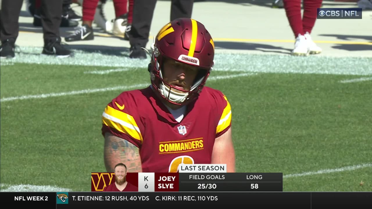 Washington Commanders Joey Slye (6) kicks a field goal as teammate