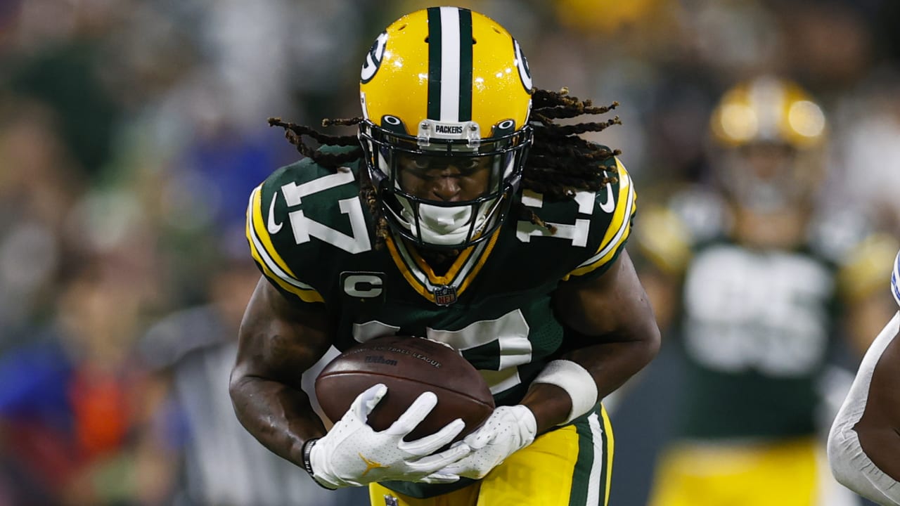 November 14, 2021: Green Bay Packers wide receiver Davante Adams (17) runs  after the catch during the NFL football game between the Seattle Seahawks  and the Green Bay Packers at Lambeau Field