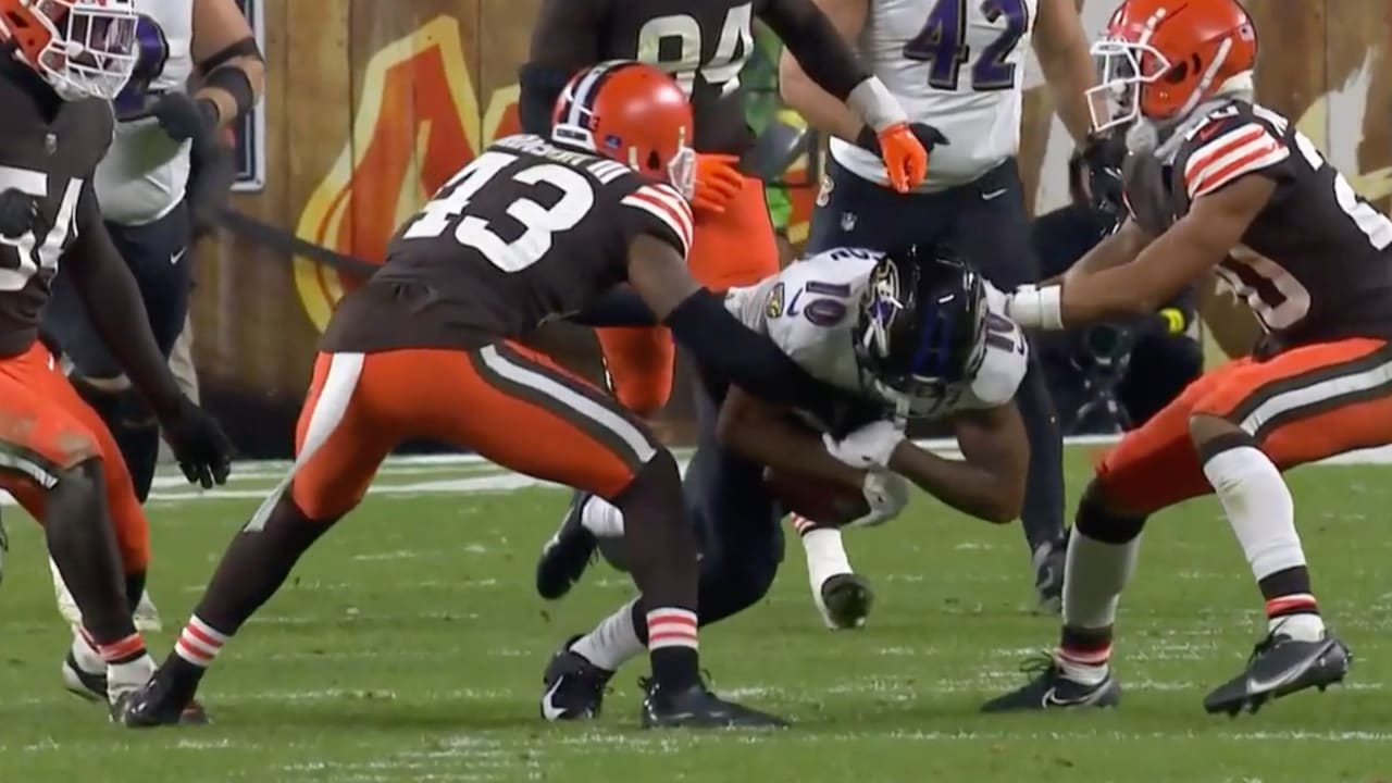 John Johnson III Browns GU Orange Gloves vs Baltimore Ravens on