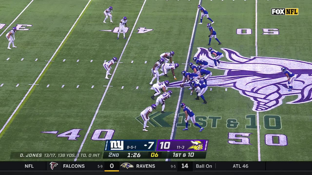 Minnesota Vikings cornerback Patrick Peterson gets to Daniel Jones on