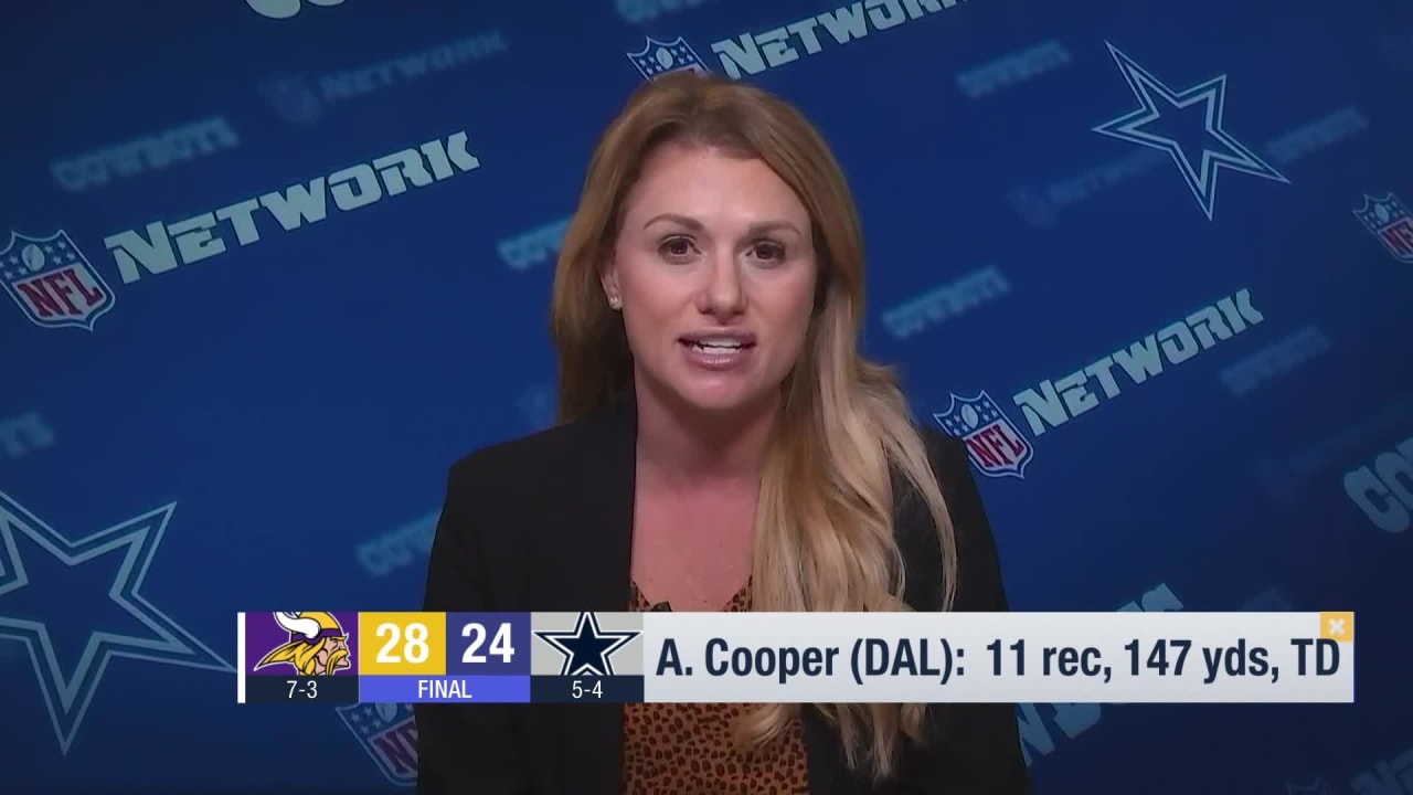 NFL Network reporter Jane Slater interviews works from the end zone after  an NFL football game between the Minnesota Vikings and Dallas Cowboys in  Arlington, Texas, Sunday, Nov. 10, 2019. (AP Photo/Michael