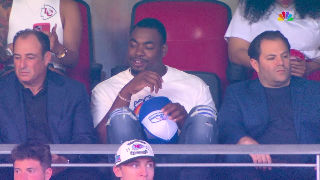 Kansas City Chiefs defensive tackle Chris Jones observes the Chiefs' opener  from suite at GEHA Field at Arrowhead Stadium