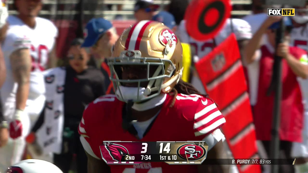 San Francisco 49ers wide receiver Brandon Aiyuk stretches out for 42-yard  gain from quarterback Brock Purdy