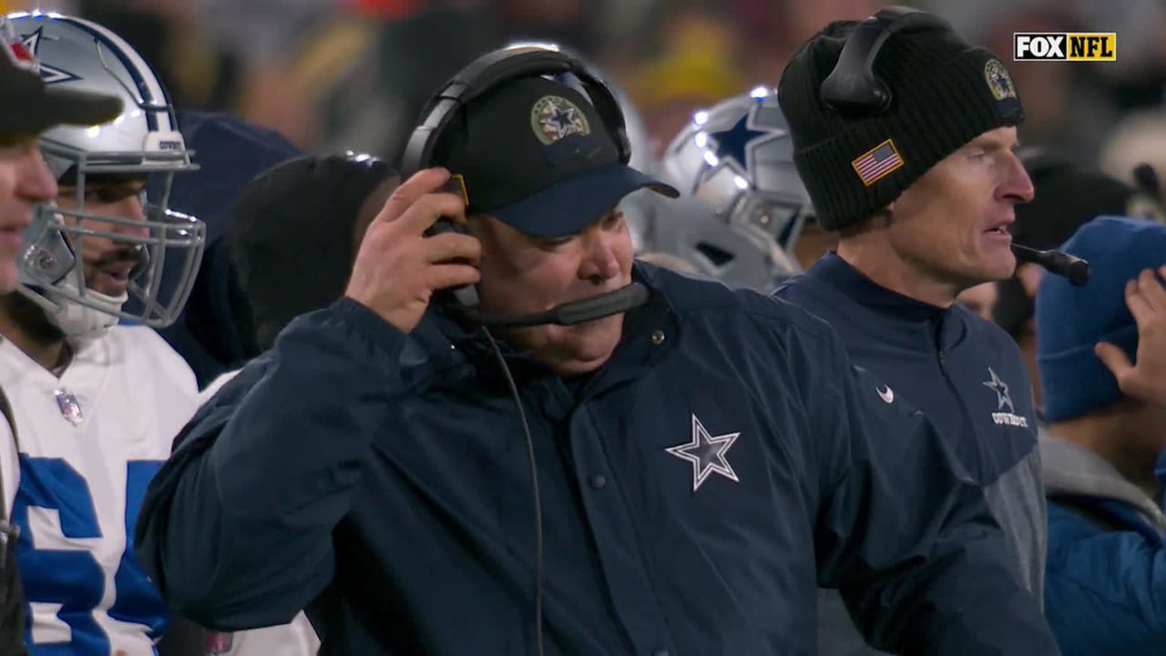 Dallas Cowboys head coach Mike McCarthy throws his headset into ground  after quarterback Dak Prescott's fourth-down incompletion in overtime