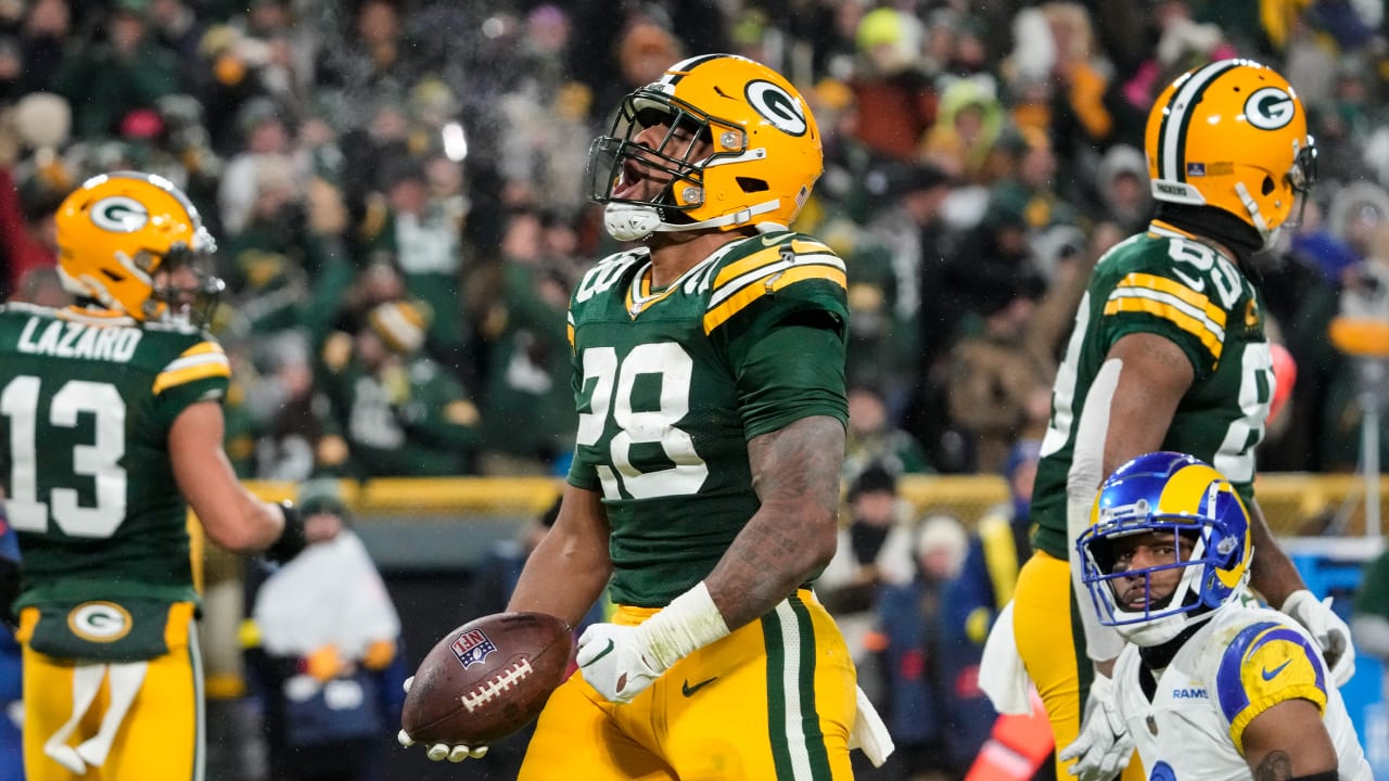 November 14, 2021: Green Bay Packers running back A.J. Dillon (28) is all  smiles after the NFL football game between the Seattle Seahawks and the  Green Bay Packers at Lambeau Field in