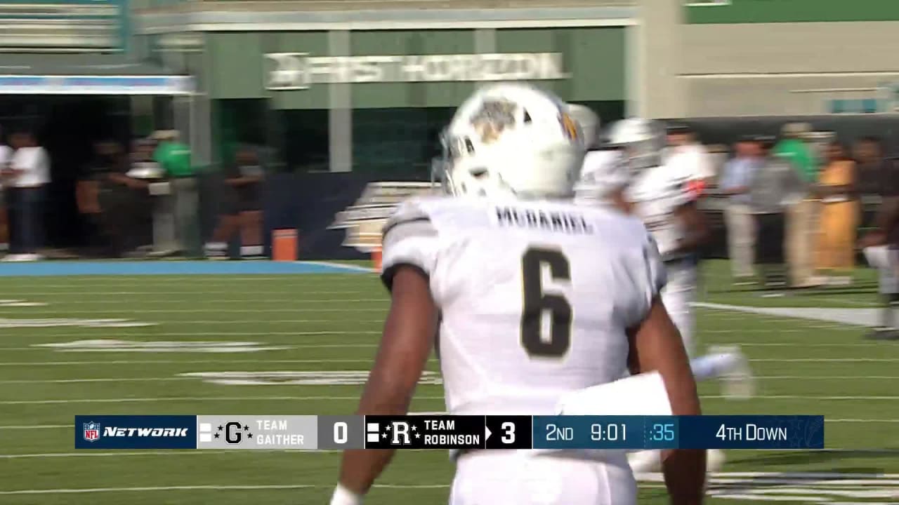 North Carolina A&T defensive lineman Jermaine McDaniel takes off like a