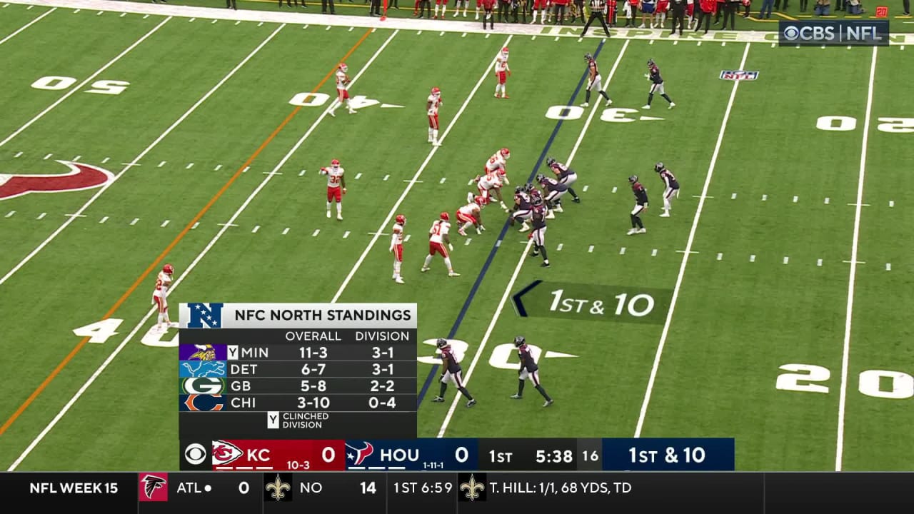 Houston Texans quarterback Jeff Driskel stiffarms Kansas City Chiefs