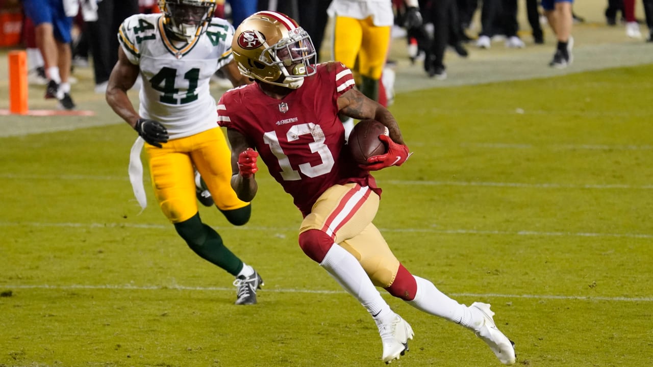 San Francisco 49ers wide receiver Richie James (13) reacts after beating  the Green Bay Packers in