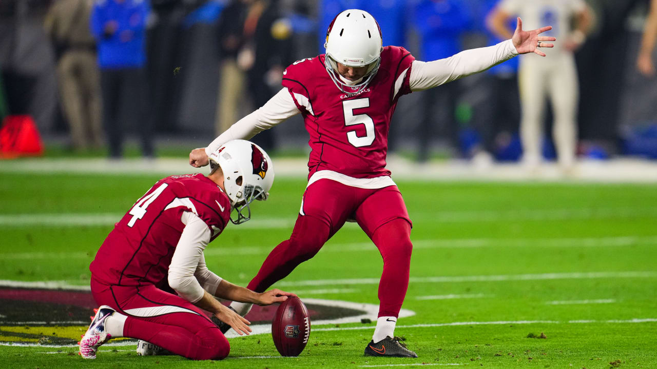 Arizona Cardinals place kicker Matt Prater (5) in action against the  Minnesota Vikings during the first half of an NFL preseason football game  Saturday, Aug. 26, 2023 in Minneapolis. (AP Photo/Stacy Bengs