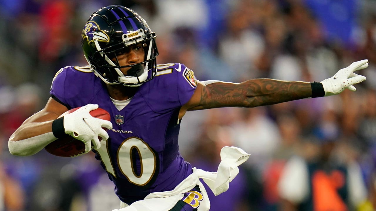 Baltimore Ravens wide receiver Demarcus Robinson runs a route during the  first half of an NFL football game between the Baltimore Ravens and the  Buffalo Bills, Sunday, Oct. 2, 2022, in Baltimore. (